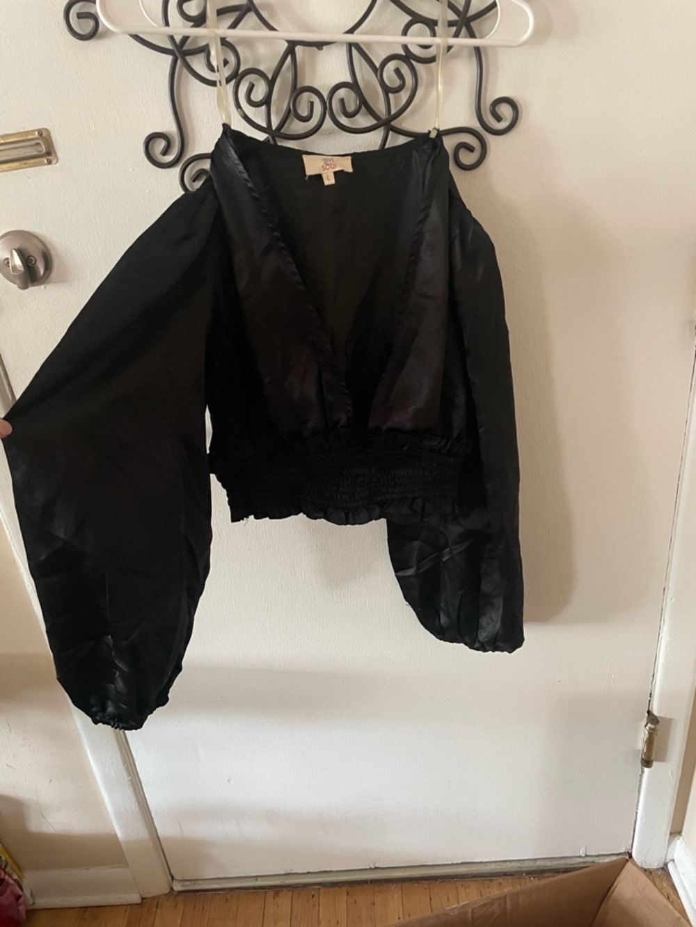 Black Satin-Look Smocked Waist Balloon Sleeve Top